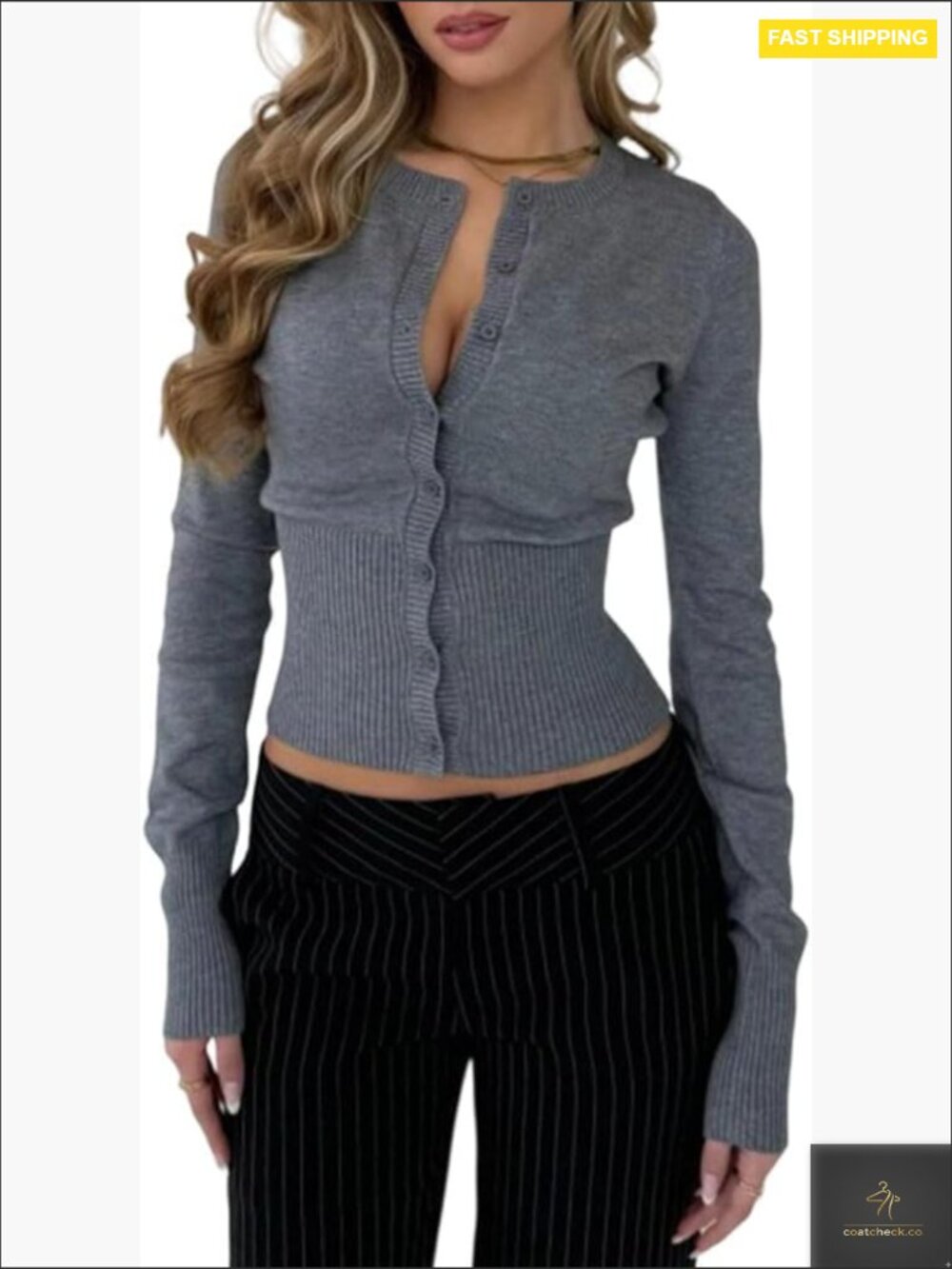 Y2K Ribbed Knit Cropped Cardigan Button Down Slim Fit Crew Neck Long Sleeve